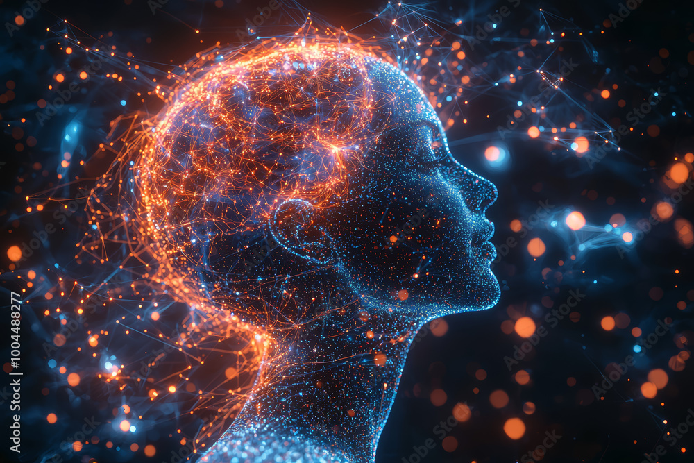 Poster a digital brain floating above a person's head, with glowing wires connecting to various devices aro