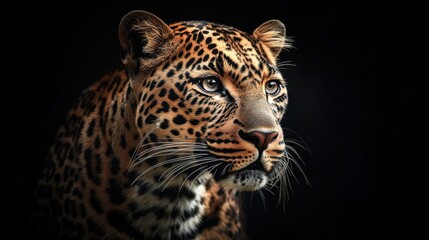 Striking portrait of a leopard with deep shadows on a black background, an iconic representation of wildlife photography.