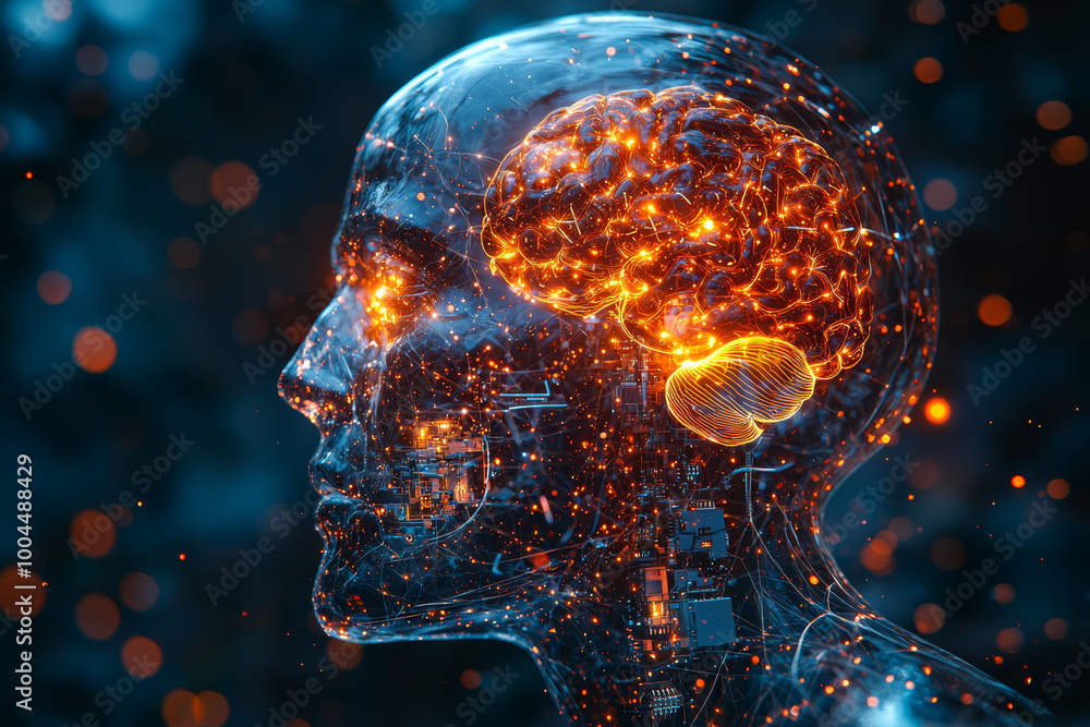 Poster a cyborg figure with transparent skull showing a glowing brain connected to wires and microchips. co