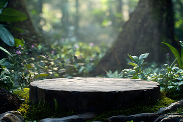 Fototapeta premium Stone podium at magic forest, plants, green moss, herbs, dew - 3D mockup background beauty product presentation concept. Copy space platform for Cosmetics, perfume fashion sales advertising stand.