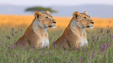 Fototapeta premium Two lionesses resting in a serene savanna landscape during golden hour surrounded by purple wildflowers