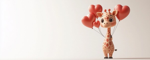 A cheerful giraffe holds heart-shaped balloons, radiating joy and celebration