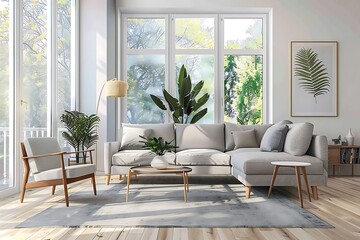 Living room interior with comfortable grey sofa, coffee table, armchair and big window