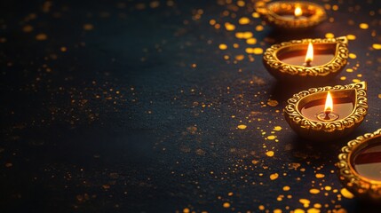 Elegant Diwali theme with golden diyas and a dark background for text.