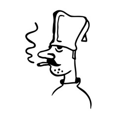 Black and white hand-drawn illustration of a quirky man with a mustache and a smoking cigarettes