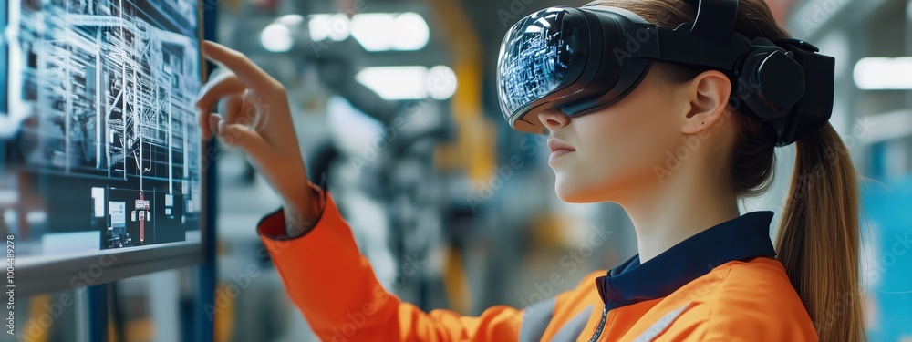 Poster a worker in an industrial setting engages with virtual reality technology while wearing a headset to