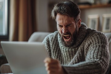 Frustrated man yelling at laptop in cozy home office setting related to stress, frustration, anger, remote work, and mental health challenges