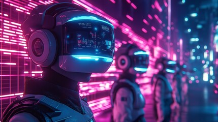 Futuristic robots lined up in neonlit corridor illustrating advanced AI technology for virtual reality development
