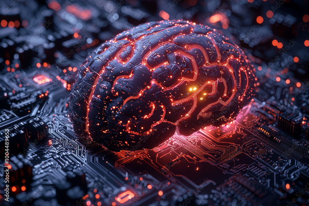 Aufkleber a brain with glowing neural pathways connecting directly into a computer system, illustrating the me
