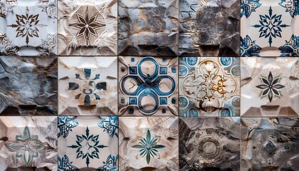 Beige, Blue & White Tile Wall Pattern