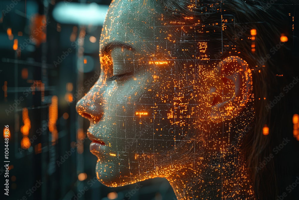 Poster a brain scan image transitioning into a digital matrix, representing the fusion of human thought and