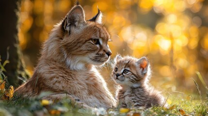 Obraz premium A lynx mother and her playful kitten surrounded by autumn foliage in a serene forest setting