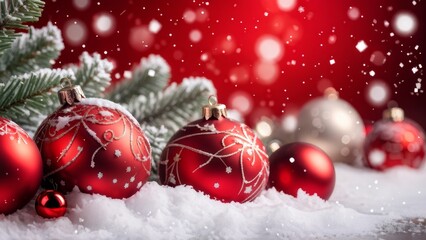 Christmas background with white snowflakes and red Christmas balls with a place for text.