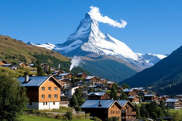 An alpine village nestled in a mountain valley, with quaint wooden houses, smoke rising from chimneys, and the snow-covered peaks looming in the background
