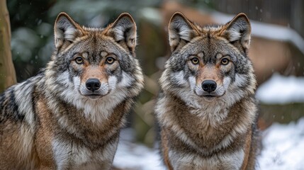 Fototapeta premium Two majestic wolves standing side by side in a snowy forest setting during the winter afternoon