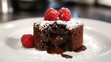 A rich molten chocolate cake with a gooey center, served with a dusting of powdered sugar and a fresh raspberry.
