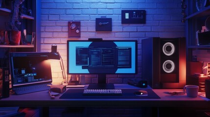 A lifelike computer setup with a desktop computer, shown in a 3D image.