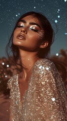 Obraz premium A beautiful woman wearing an elegant silver dress with long sleeves and a high neck stands under the starry and deep blue sky. In front of her are desert sand dunes, and the stars twinkle like diamond