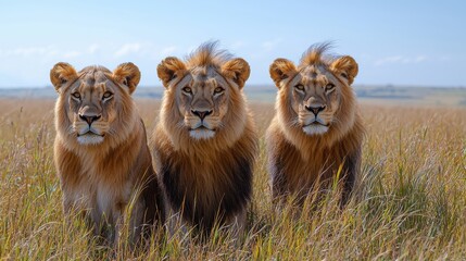 Three majestic lions stand proudly in the tall grass of the savanna under a bright sky in the midst of the day
