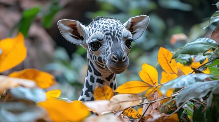 Obraz premium A young giraffe peeks through colorful autumn leaves in a lush jungle setting during a sunny day