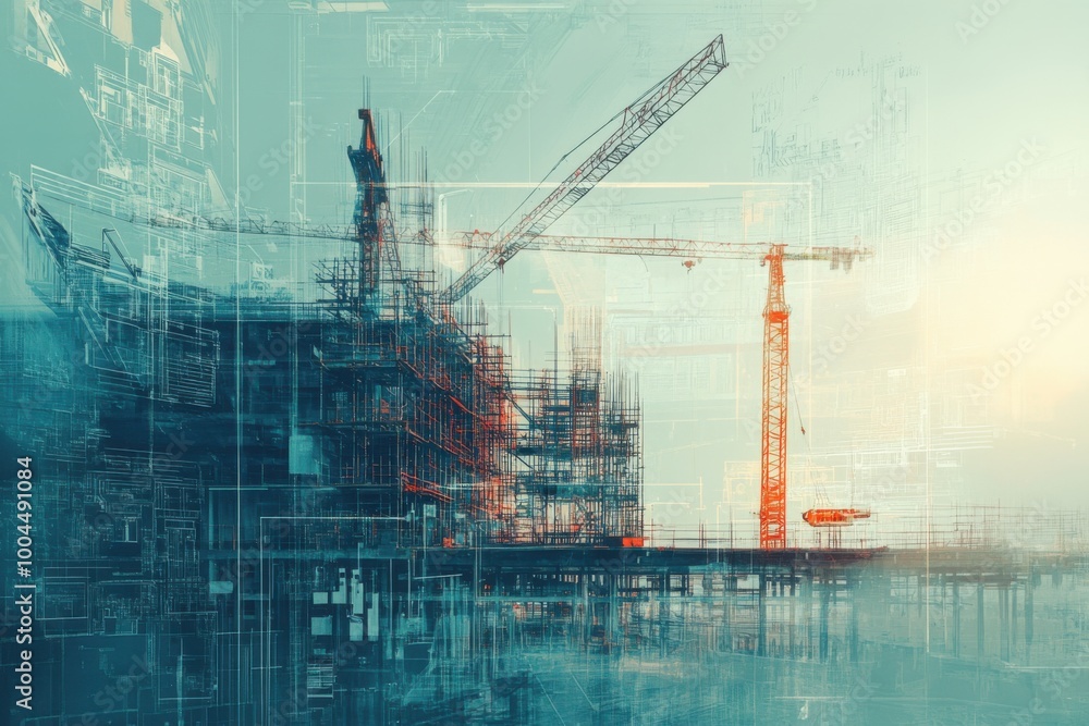 Poster a construction site with cranes and scaffolding, merging with blueprints and technical drawings in a