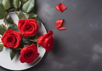 Fototapeta premium Red Roses with Ribbon on Plate, Flat Lay