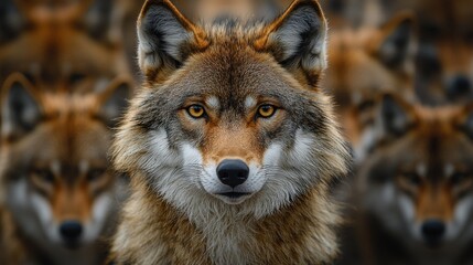 Fototapeta premium A pack of wolves gathers in the forest, showcasing their striking eyes and majestic presence during a cloudy afternoon