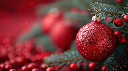 Obraz premium A close-up view of a glittering red Christmas ornament hanging on a green pine tree branch, symbolizing festive holiday decor and celebrations