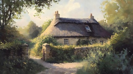 Cozy countryside cottage with a quaint thatched roof rustic stone walls and lush green foliage bathed in the warm glow of afternoon sunlight