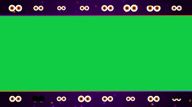halloween scary blinking eyes and glitter lights banner on green background animation, halloween purple and orange lights motion overlay social media design element