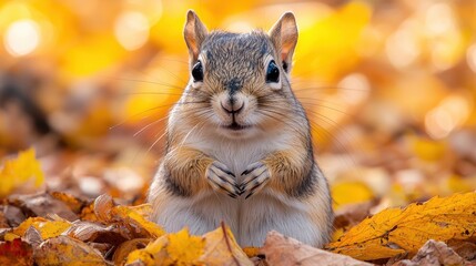 A curious squirrel stands among vibrant autumn leaves in a forest setting during the fall season