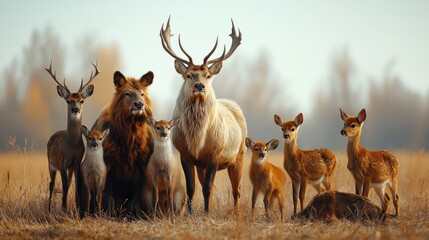 Naklejka premium A gathering of deer, lion, and antelope in a serene autumn landscape with golden foliage in the background