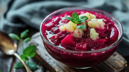 Traditional Lithuanian cold beet soup, saltibarsciai, served in a glass bowl alongside boiled potatoes. This vibrant, chilled dish represents the unique culinary heritage of Eastern Europe.