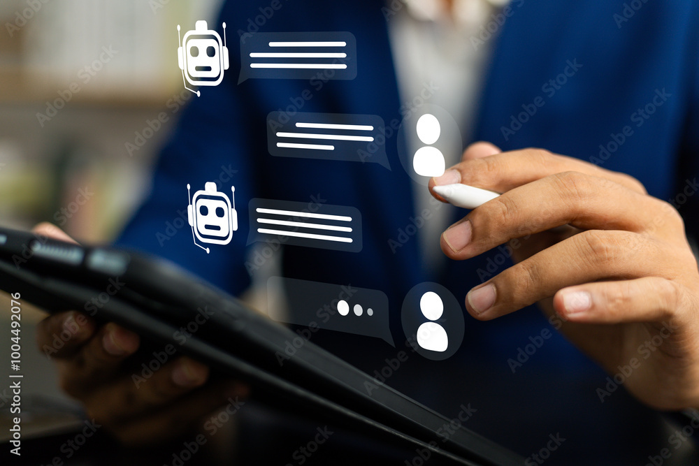 Aufkleber AI Artificial Intelligence,Digital chatbot, Man chatting with digital assistant chatbot on mobilephone on internet application,Future of customer service man utilizes AI chatbot for instant assistance