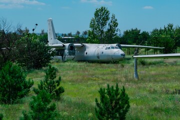 The old propeller plane landed in the forest