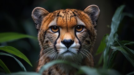 Obraz premium A close-up portrait of a cheetah in lush greenery, showcasing its striking features in a tranquil habitat during the afternoon