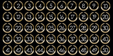 Numbers, 1 to 50 black light gold circular leaf premium logo icon