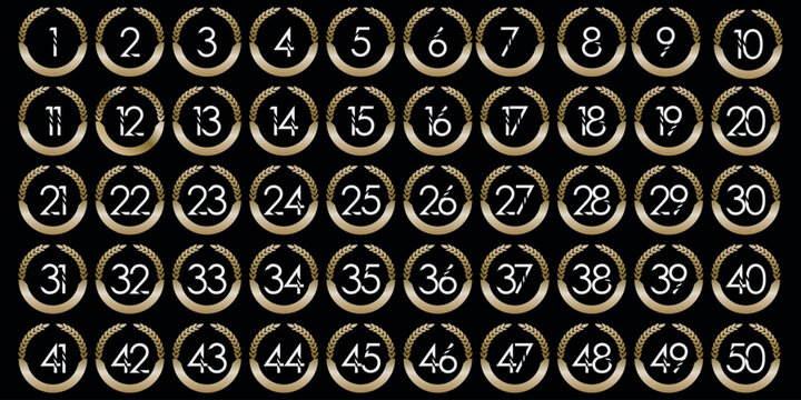 Numbers, 1 to 50 black light gold circular leaf premium logo icon