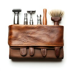 A vintage leather barber tool set, including a razor and other tools for shaving, on a white background.
