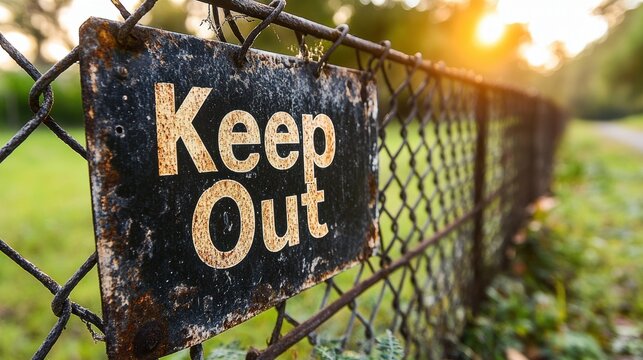 An old, weathered Keep Out sign attached to a rusted chain-link fence in the foreground, with a green, blurred natural background and bright sunlight