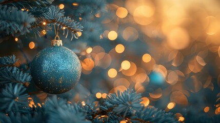 A beautifully decorated Christmas tree adorned with shimmering lights and a single blue bauble, capturing the festive and serene holiday atmosphere