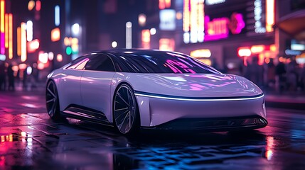 Fototapeta premium A futuristic electric car glides through a neon cityscape, a vision of modern urban transportation.