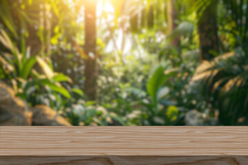 Beautiful blurred boreal forest background view with empty rustic wooden table for mockup product display. Picnic table with customizable space on table-top for editing. Flawless