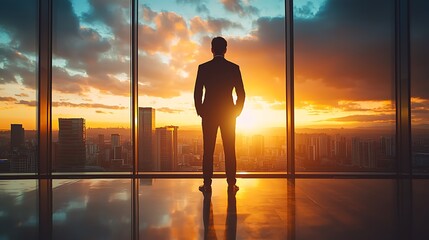 A businessman gazes out a window at sunset, the cityscape alive with promise and potential.