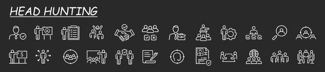 Simple set of head hunting and recruitment related vector icons. Contains such icons as job interview, career path, resume and more. Grey background.