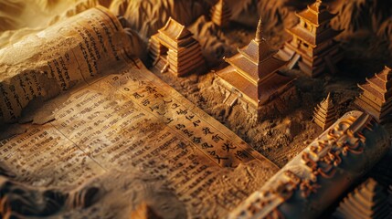 an ancient scroll spread with miniature sand-built temples and figures 