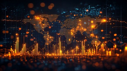 Fototapeta premium A futuristic world map lights up with global connectivity, networks glowing like stars.