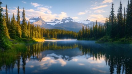 Tranquil alpine lake surrounded by dense coniferous forest towering snow capped mountains in the distance soft golden hour lighting serene and reflective surface