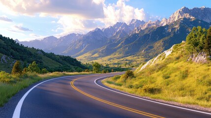 Fototapeta premium Scenic Sunlit Highway Through Majestic Mountains