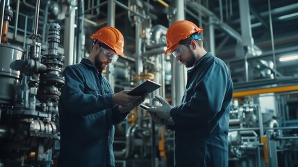 Two technicians in safety helmets inspect equipment and review data on a tablet inside an industrial facility during the day